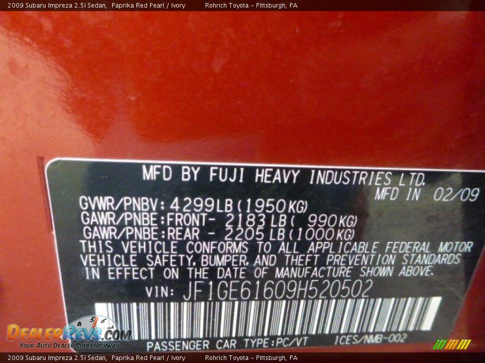 2009 Subaru Impreza 2.5i Sedan Paprika Red Pearl / Ivory Photo #20