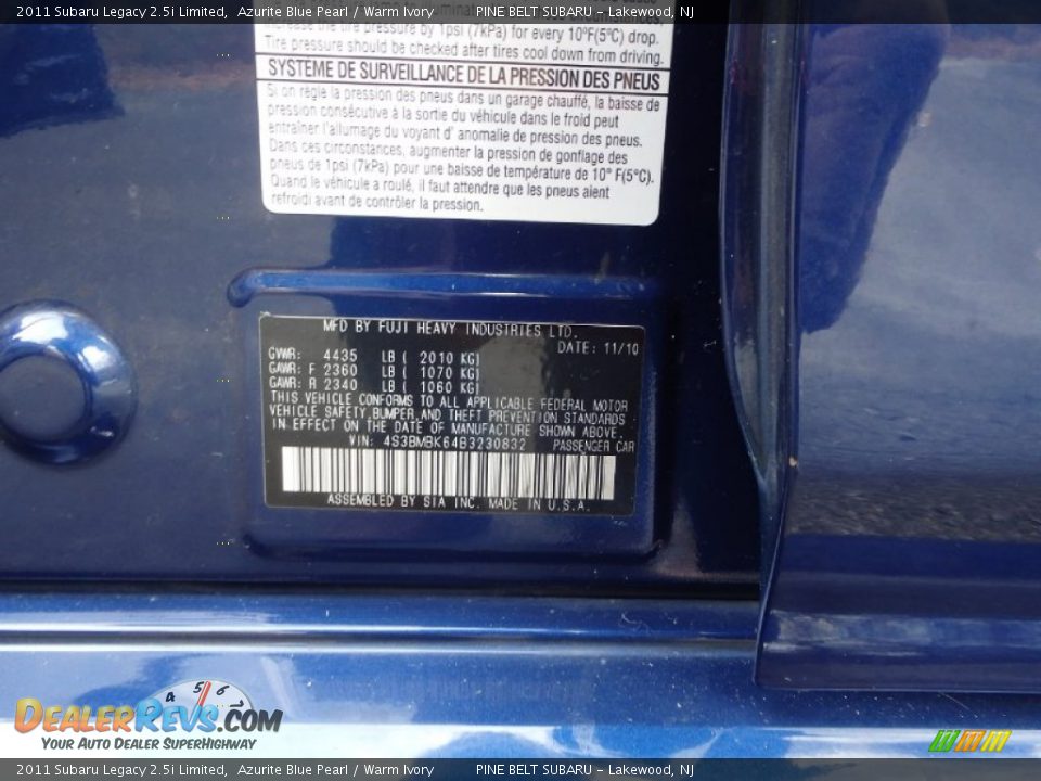 2011 Subaru Legacy 2.5i Limited Azurite Blue Pearl / Warm Ivory Photo #28