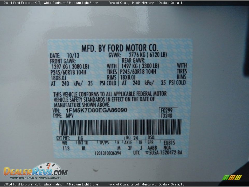 2014 Ford Explorer XLT White Platinum / Medium Light Stone Photo #13