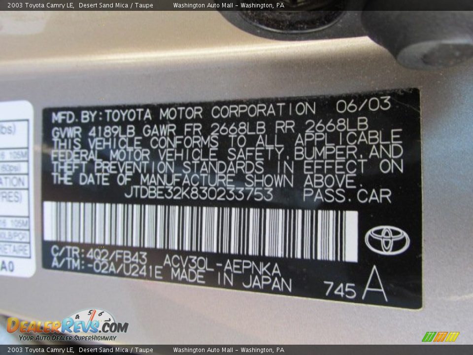 2003 Toyota Camry LE Desert Sand Mica / Taupe Photo #19