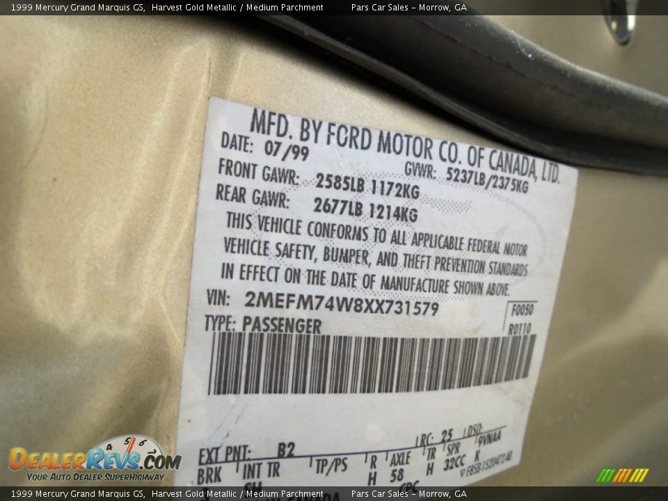 1999 Mercury Grand Marquis GS Harvest Gold Metallic / Medium Parchment Photo #13