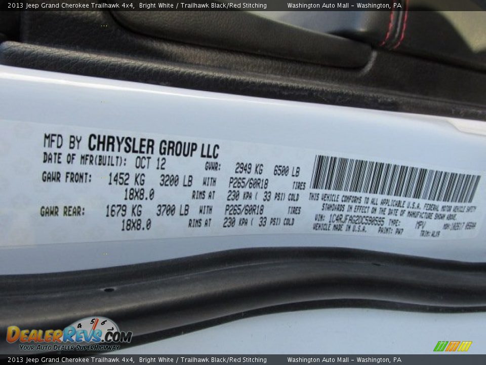 2013 Jeep Grand Cherokee Trailhawk 4x4 Bright White / Trailhawk Black/Red Stitching Photo #19