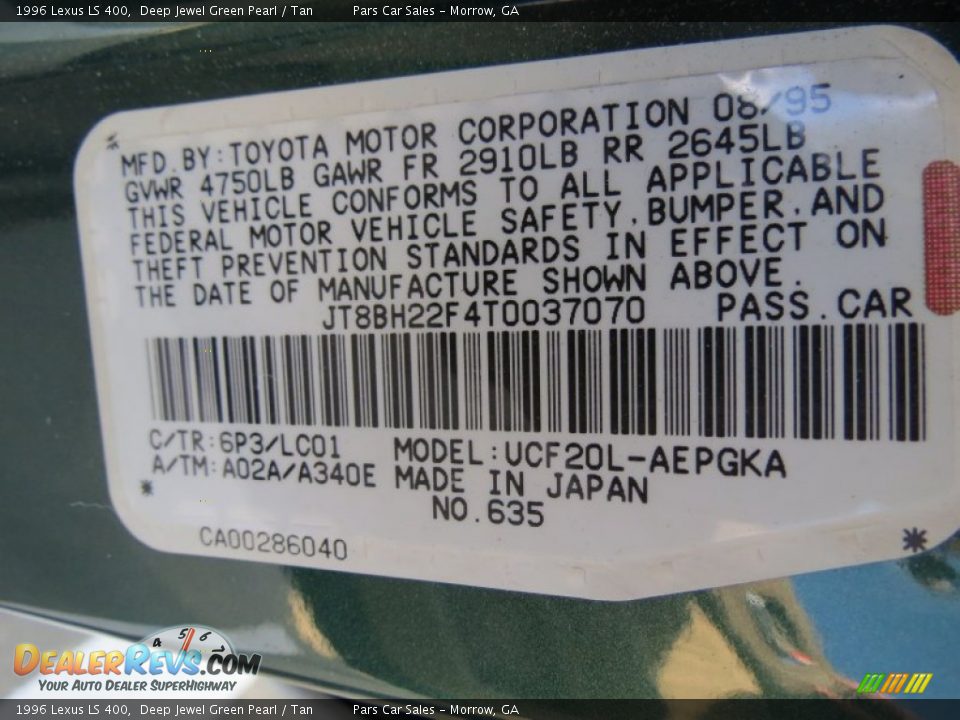 1996 Lexus LS 400 Deep Jewel Green Pearl / Tan Photo #14