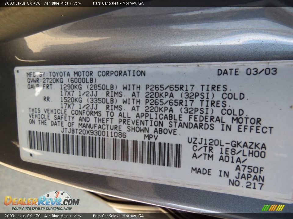 2003 Lexus GX 470 Ash Blue Mica / Ivory Photo #16