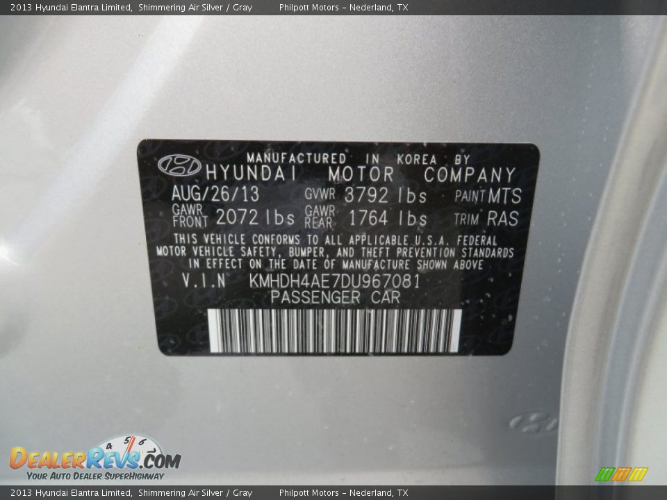 2013 Hyundai Elantra Limited Shimmering Air Silver / Gray Photo #35