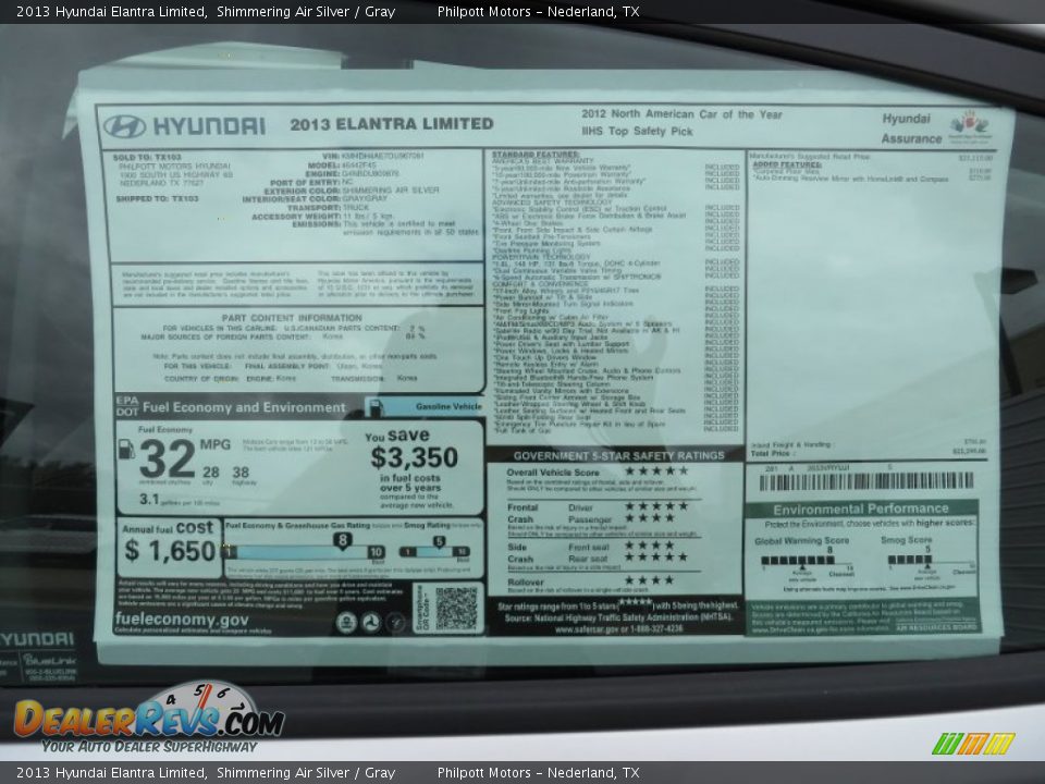 2013 Hyundai Elantra Limited Shimmering Air Silver / Gray Photo #36