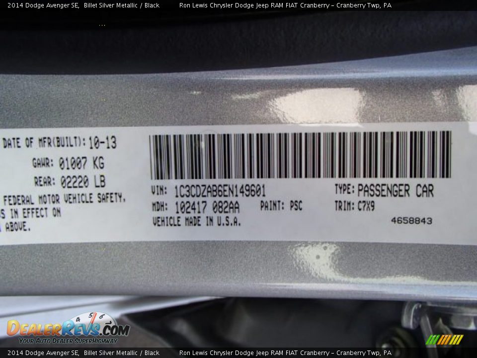2014 Dodge Avenger SE Billet Silver Metallic / Black Photo #20