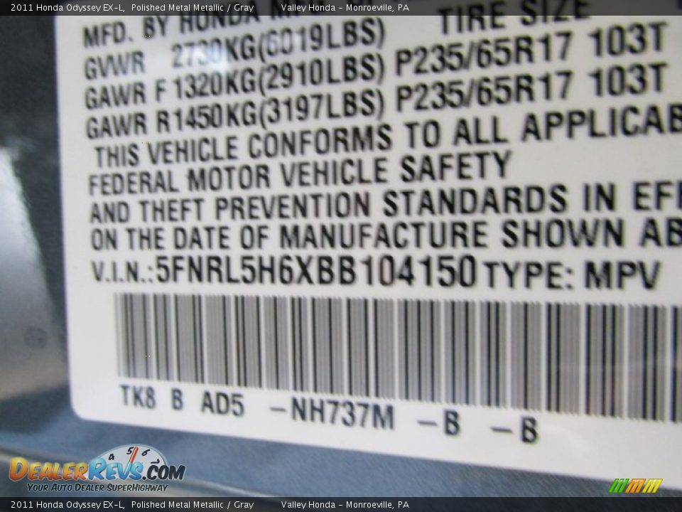 2011 Honda Odyssey EX-L Polished Metal Metallic / Gray Photo #14