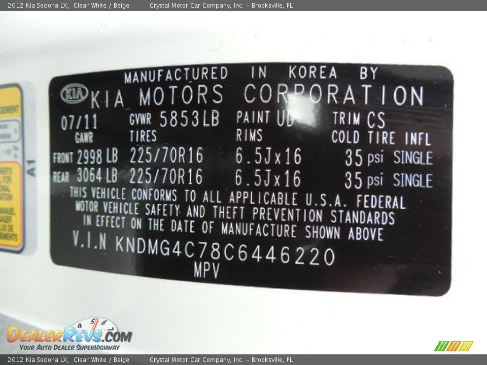 2012 Kia Sedona LX Clear White / Beige Photo #24