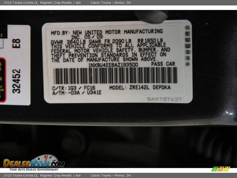 2010 Toyota Corolla LE Magnetic Gray Metallic / Ash Photo #16