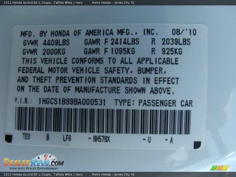 2011 Honda Accord EX-L Coupe Taffeta White / Ivory Photo #16