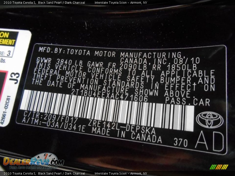 2010 Toyota Corolla S Black Sand Pearl / Dark Charcoal Photo #27