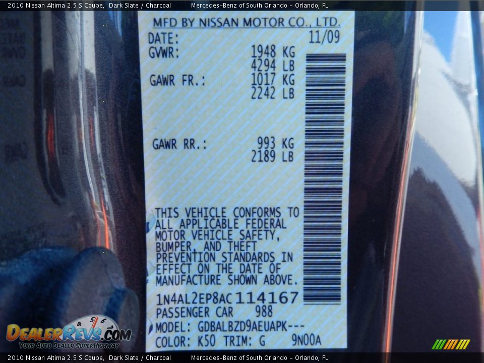 2010 Nissan Altima 2.5 S Coupe Dark Slate / Charcoal Photo #24