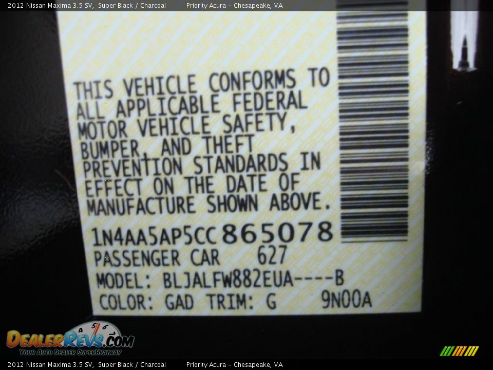 2012 Nissan Maxima 3.5 SV Super Black / Charcoal Photo #28