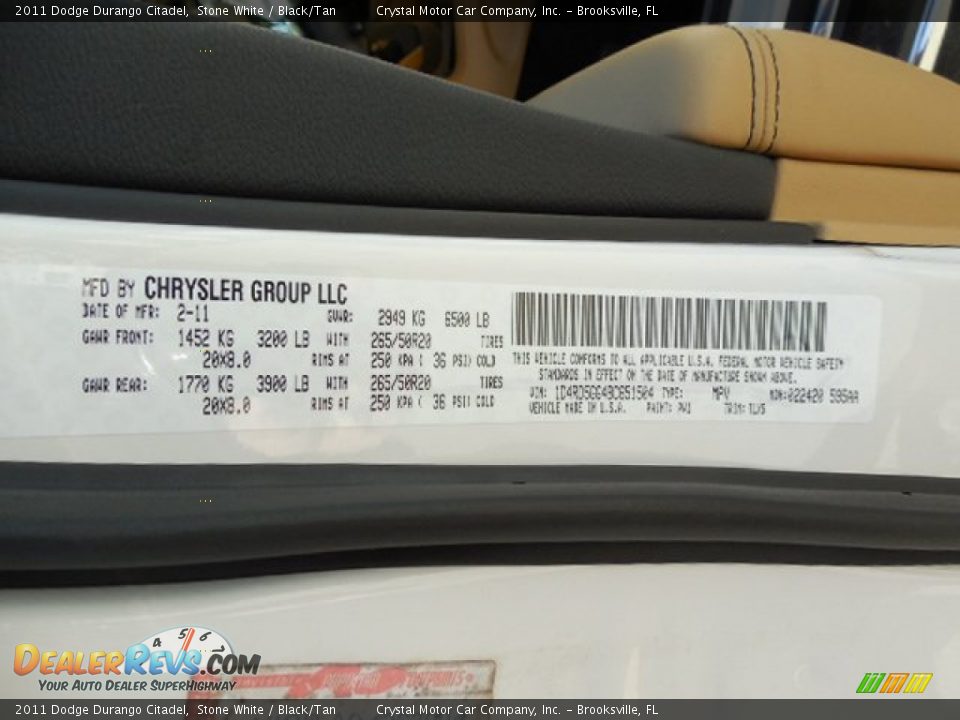 2011 Dodge Durango Citadel Stone White / Black/Tan Photo #26