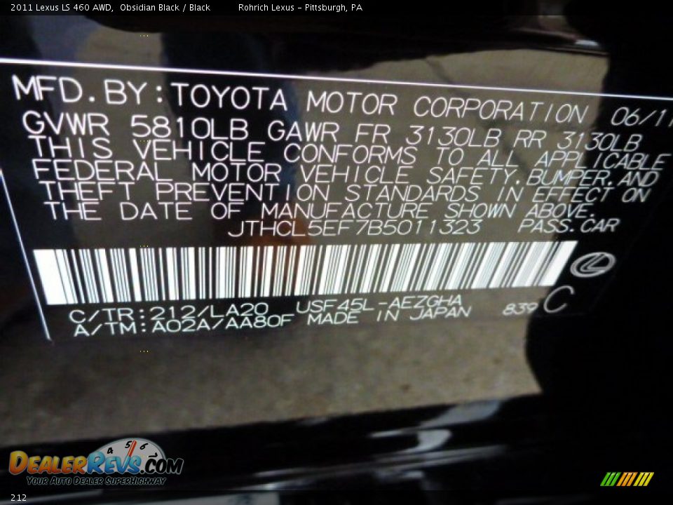 Lexus Color Code 212 Obsidian Black