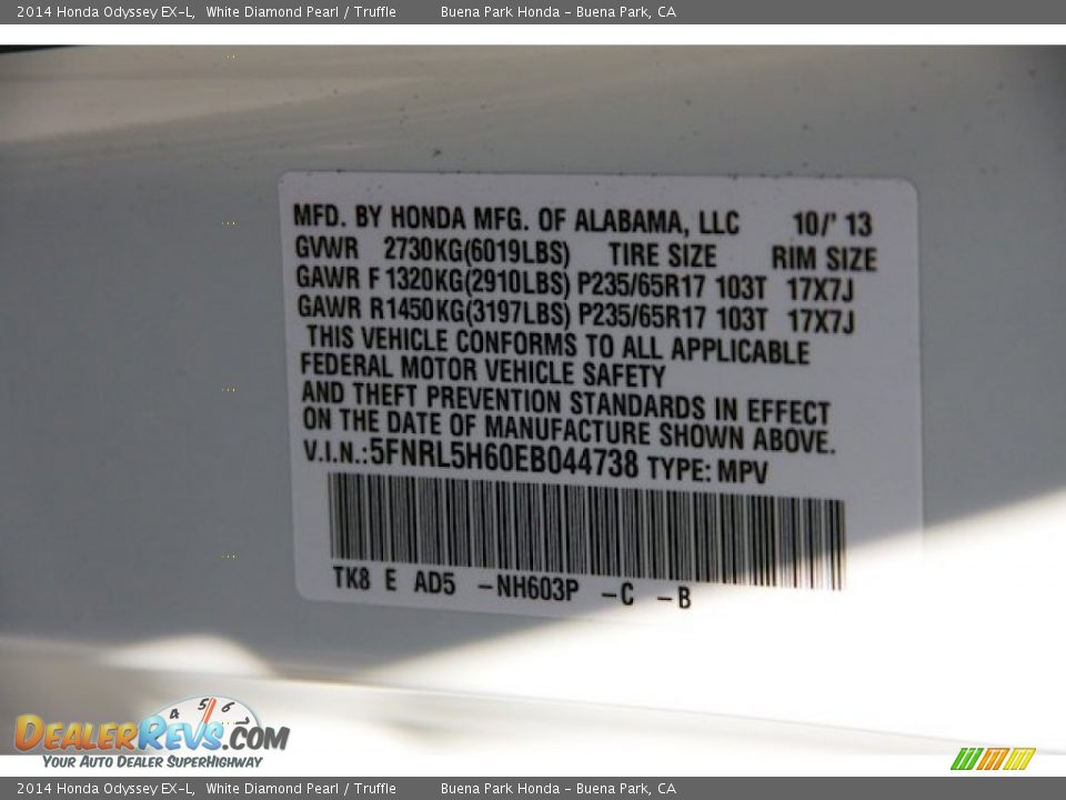 2014 Honda Odyssey EX-L White Diamond Pearl / Truffle Photo #27