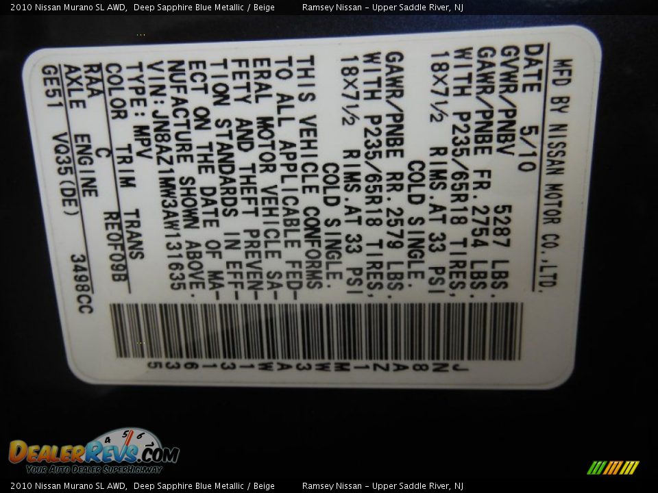 2010 Nissan Murano SL AWD Deep Sapphire Blue Metallic / Beige Photo #33