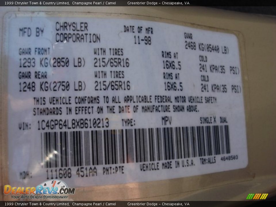 1999 Chrysler Town & Country Limited Champagne Pearl / Camel Photo #23
