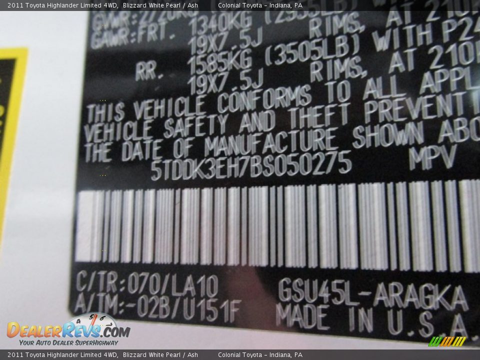 2011 Toyota Highlander Limited 4WD Blizzard White Pearl / Ash Photo #19