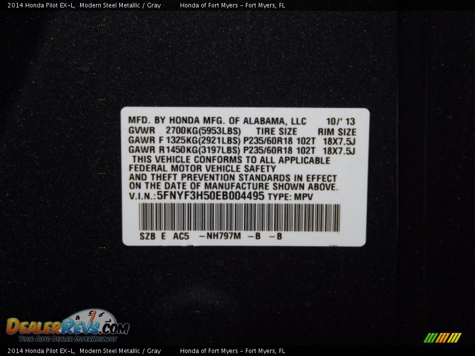 2014 Honda Pilot EX-L Modern Steel Metallic / Gray Photo #33