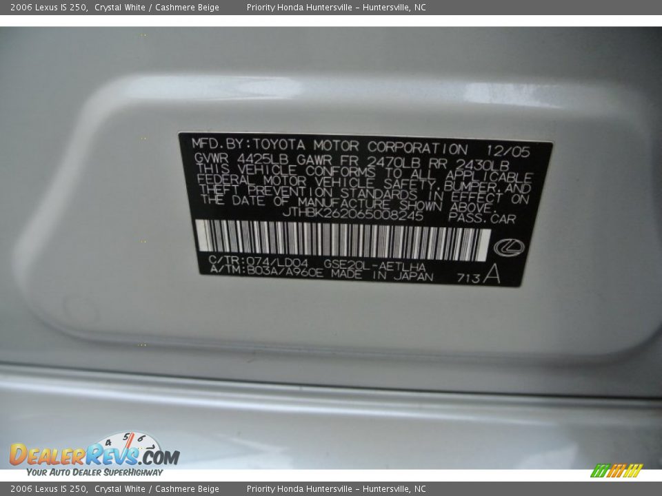 2006 Lexus IS 250 Crystal White / Cashmere Beige Photo #7