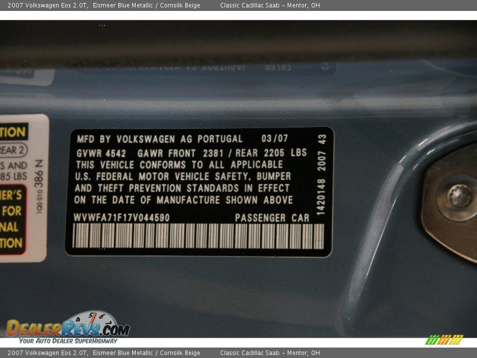 2007 Volkswagen Eos 2.0T Eismeer Blue Metallic / Cornsilk Beige Photo #20