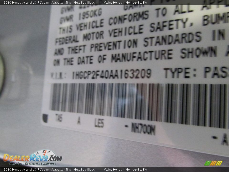 2010 Honda Accord LX-P Sedan Alabaster Silver Metallic / Black Photo #14
