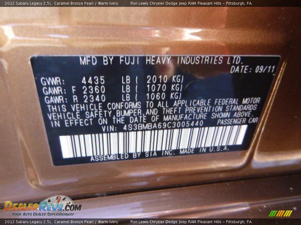 2012 Subaru Legacy 2.5i Caramel Bronze Pearl / Warm Ivory Photo #19