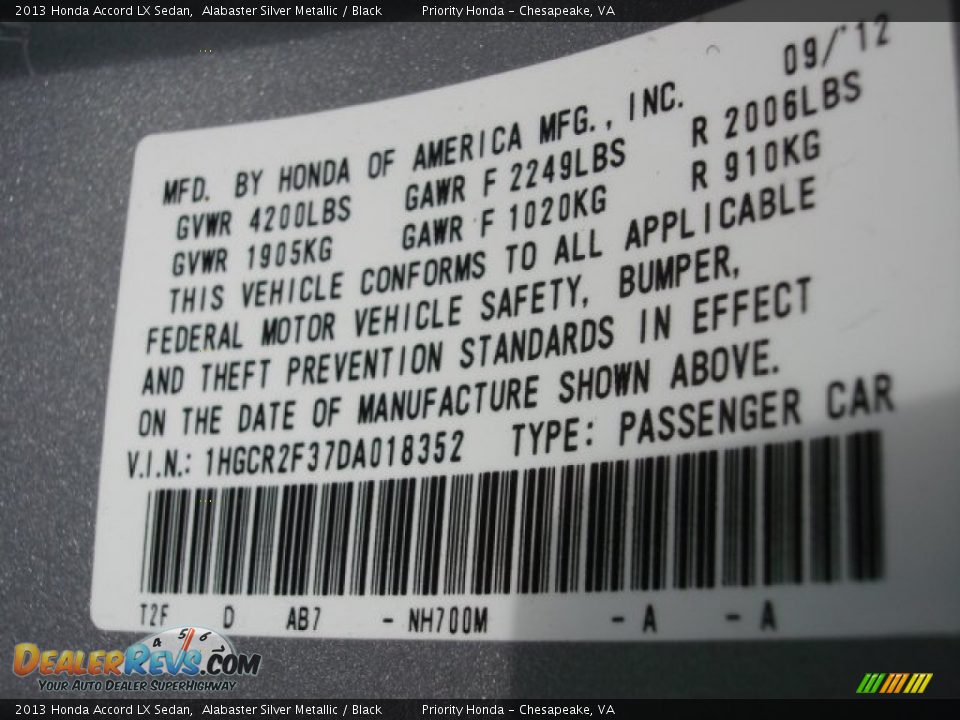 2013 Honda Accord LX Sedan Alabaster Silver Metallic / Black Photo #28