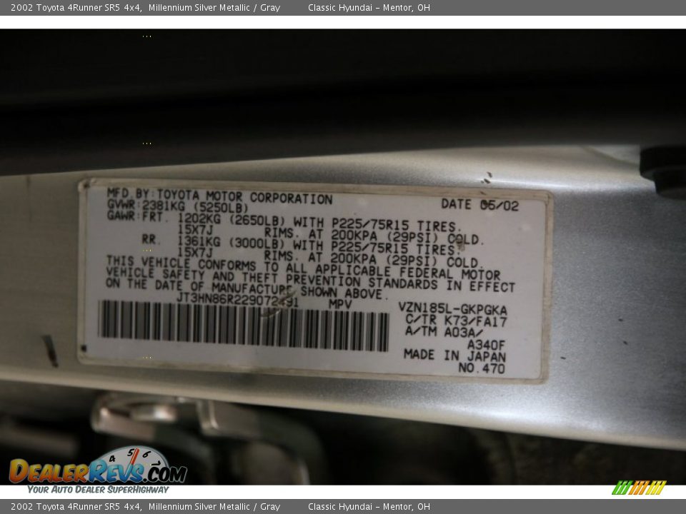 2002 Toyota 4Runner SR5 4x4 Millennium Silver Metallic / Gray Photo #17