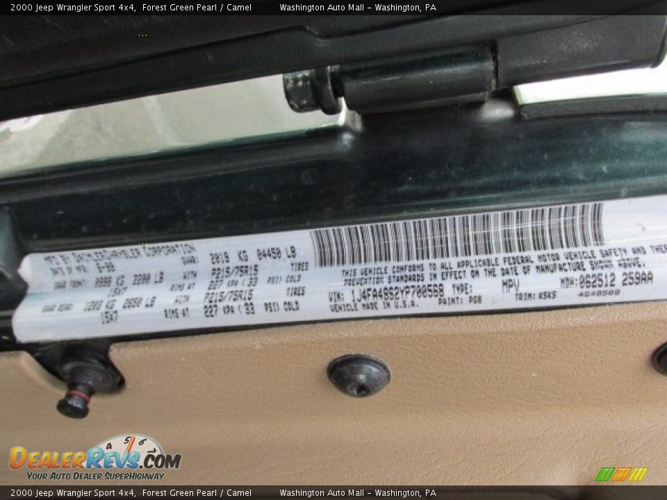 2000 Jeep Wrangler Sport 4x4 Forest Green Pearl / Camel Photo #19