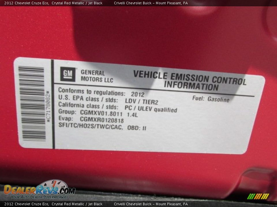 2012 Chevrolet Cruze Eco Crystal Red Metallic / Jet Black Photo #12