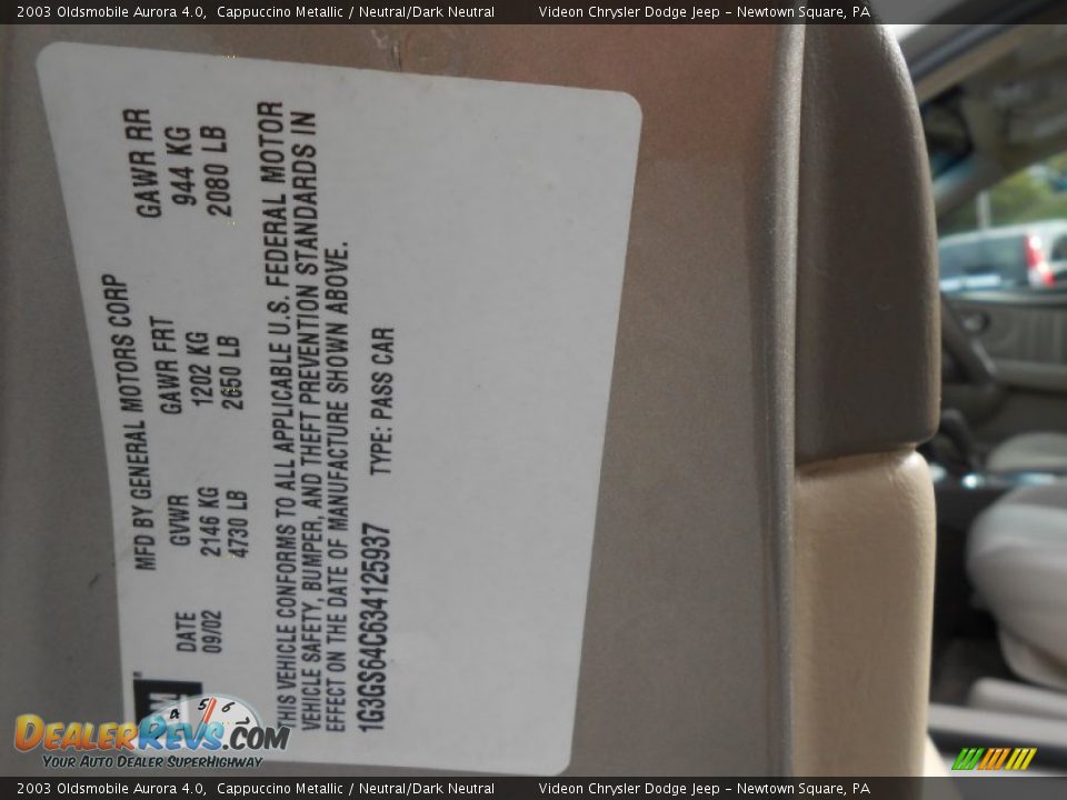 Info Tag of 2003 Oldsmobile Aurora 4.0 Photo #26