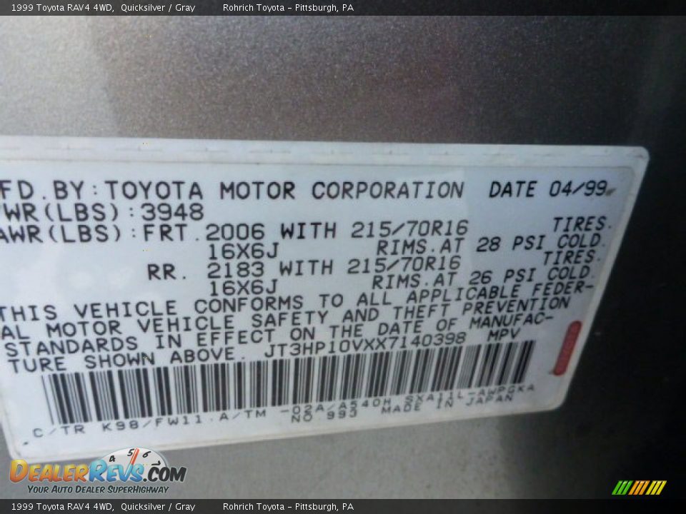 1999 Toyota RAV4 4WD Quicksilver / Gray Photo #20