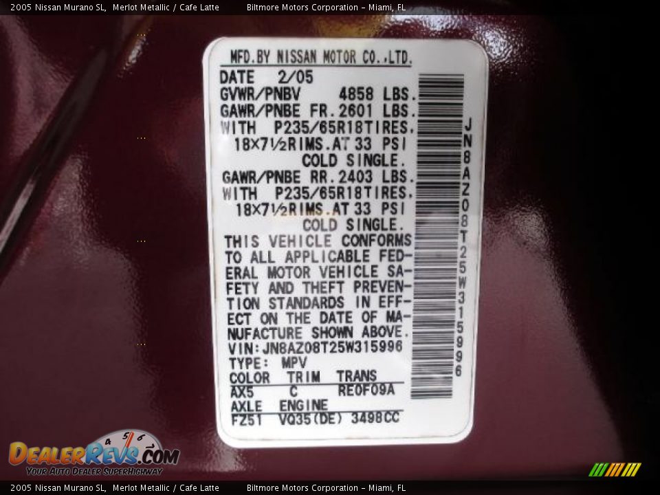 2005 Nissan Murano SL Merlot Metallic / Cafe Latte Photo #26