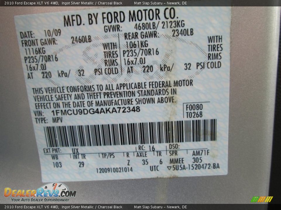 2010 Ford Escape XLT V6 4WD Ingot Silver Metallic / Charcoal Black Photo #29