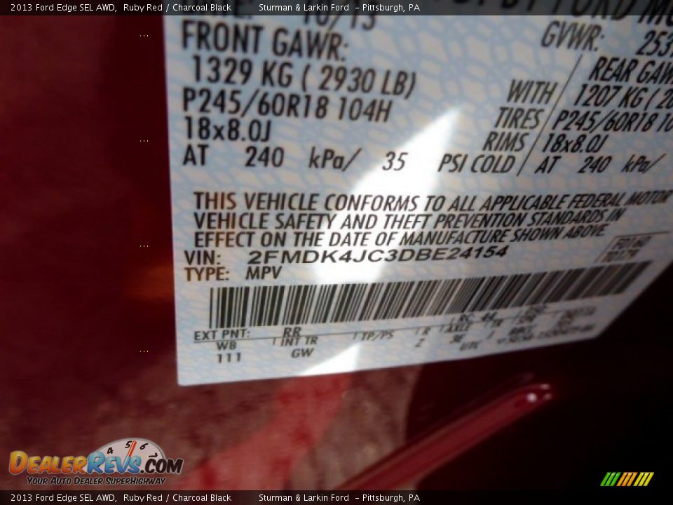 2013 Ford Edge SEL AWD Ruby Red / Charcoal Black Photo #13