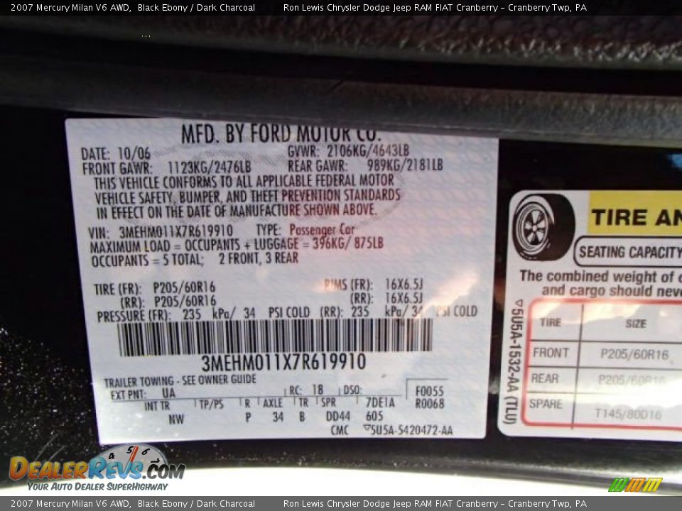 2007 Mercury Milan V6 AWD Black Ebony / Dark Charcoal Photo #20