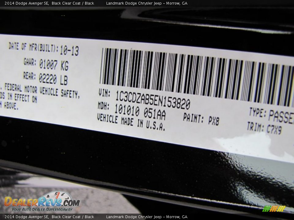 2014 Dodge Avenger SE Black Clear Coat / Black Photo #10