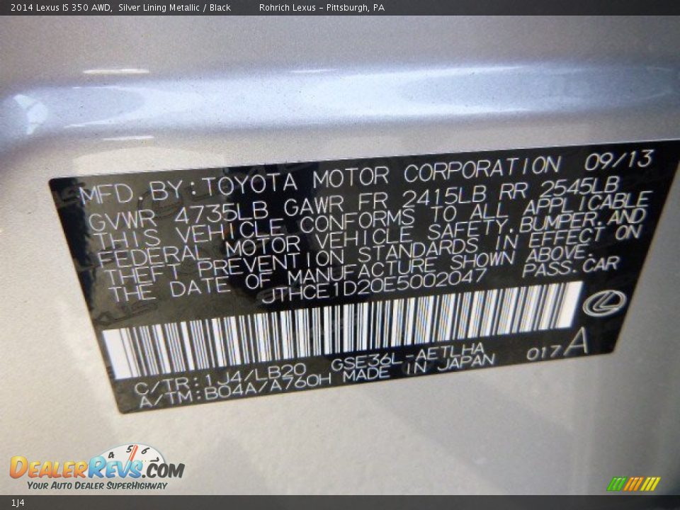 Lexus Color Code 1J4 Silver Lining Metallic