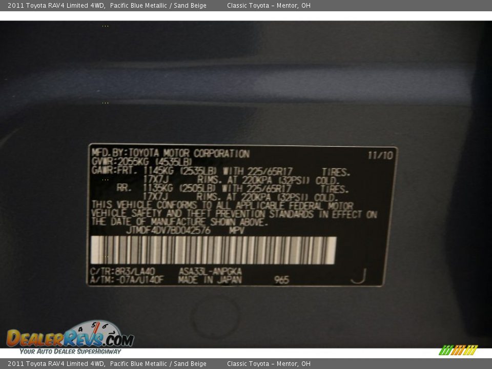 2011 Toyota RAV4 Limited 4WD Pacific Blue Metallic / Sand Beige Photo #17