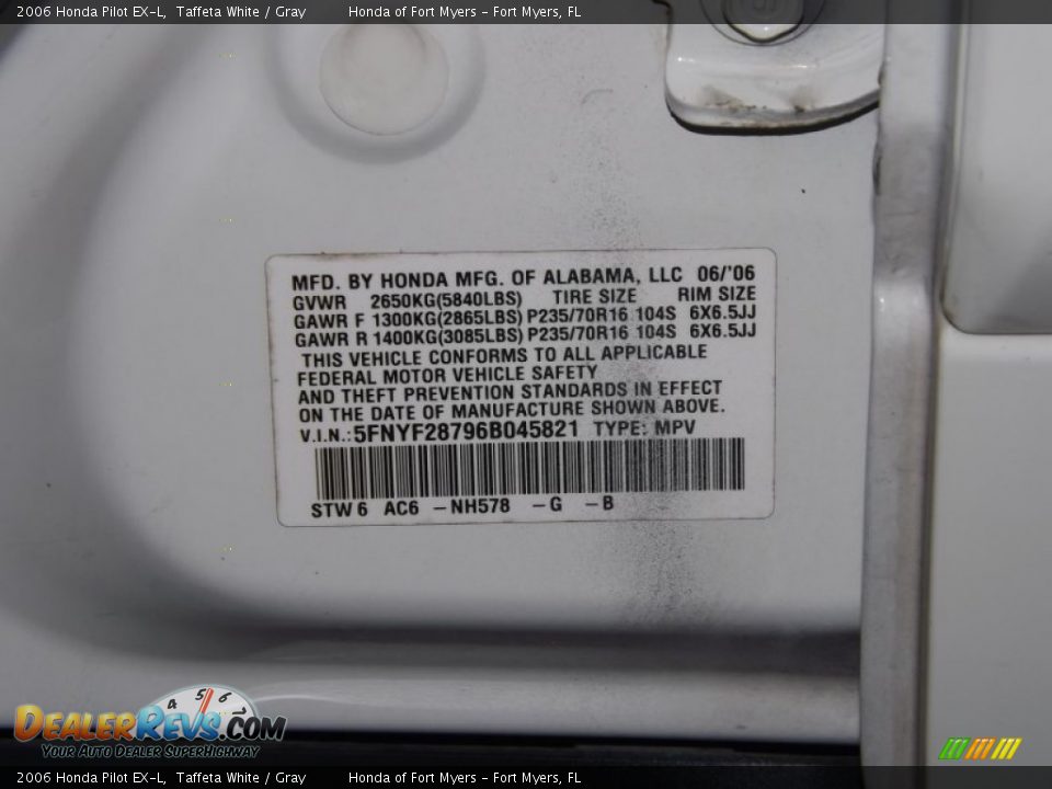 2006 Honda Pilot EX-L Taffeta White / Gray Photo #35