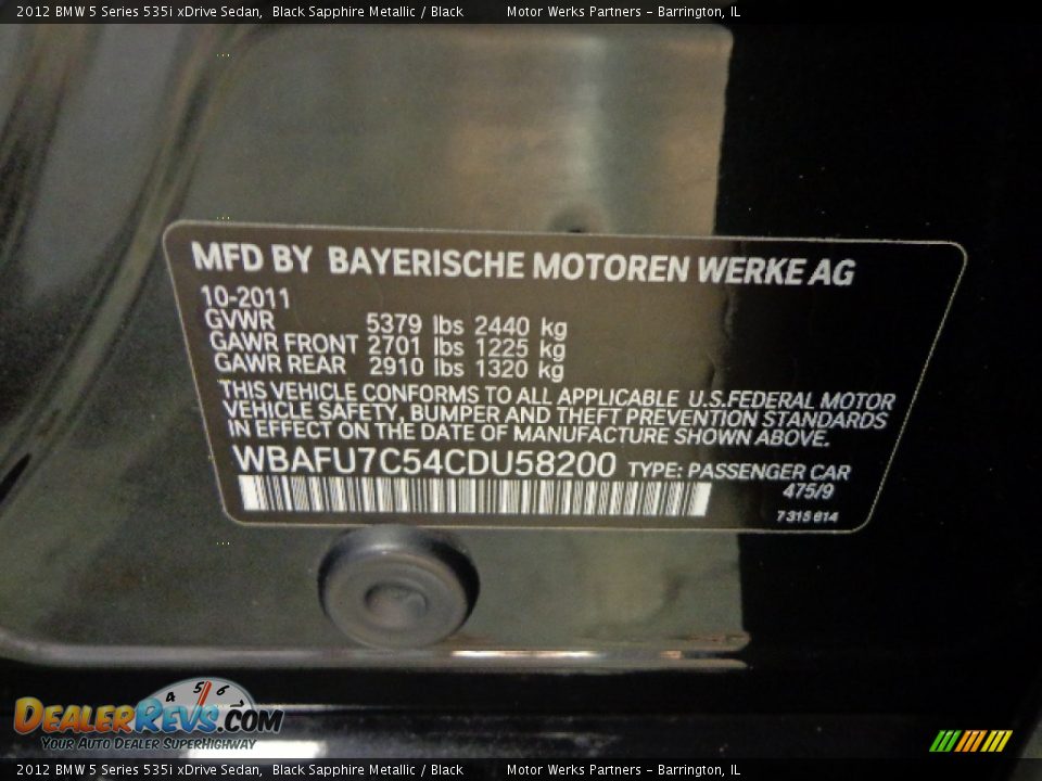 2012 BMW 5 Series 535i xDrive Sedan Black Sapphire Metallic / Black Photo #33