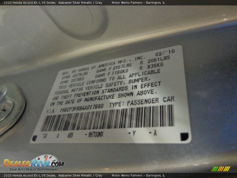 2010 Honda Accord EX-L V6 Sedan Alabaster Silver Metallic / Gray Photo #18