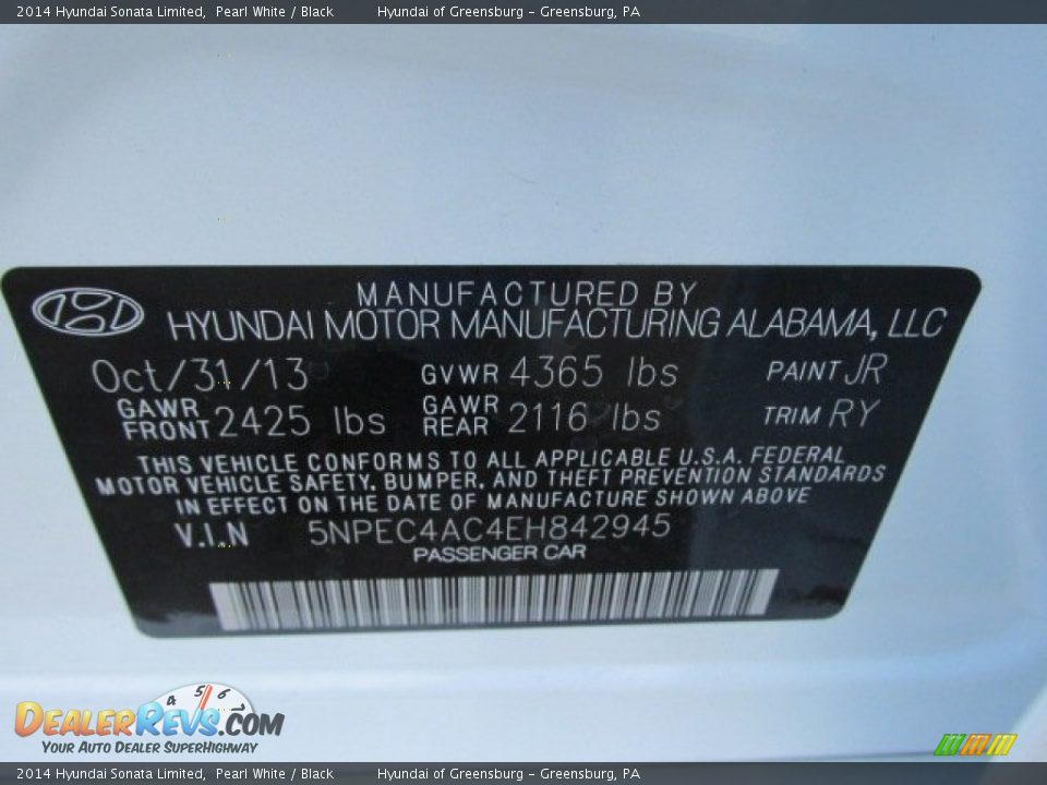 2014 Hyundai Sonata Limited Pearl White / Black Photo #20