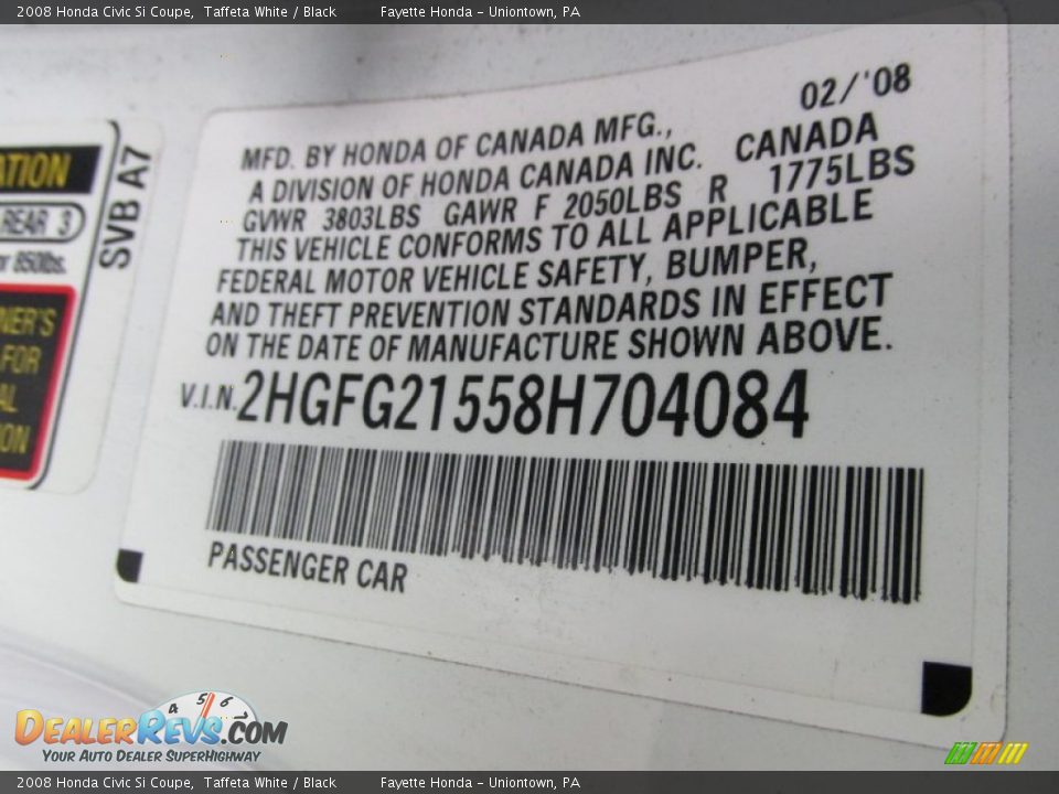 2008 Honda Civic Si Coupe Taffeta White / Black Photo #10