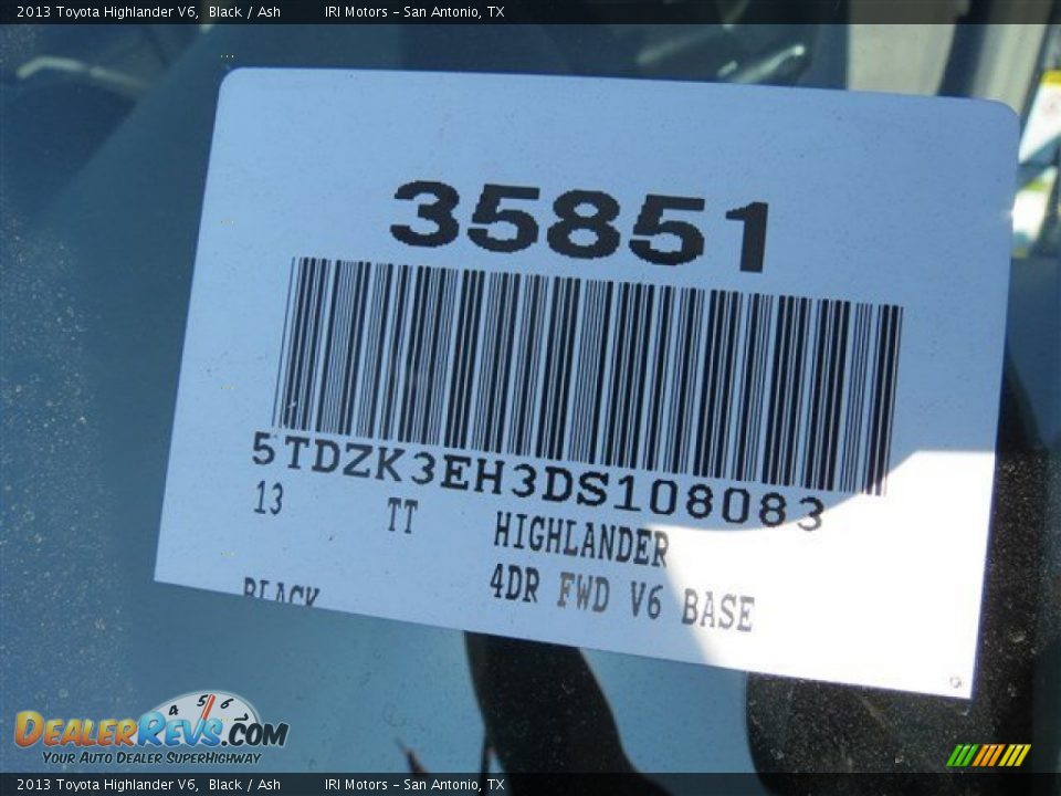 2013 Toyota Highlander V6 Black / Ash Photo #19
