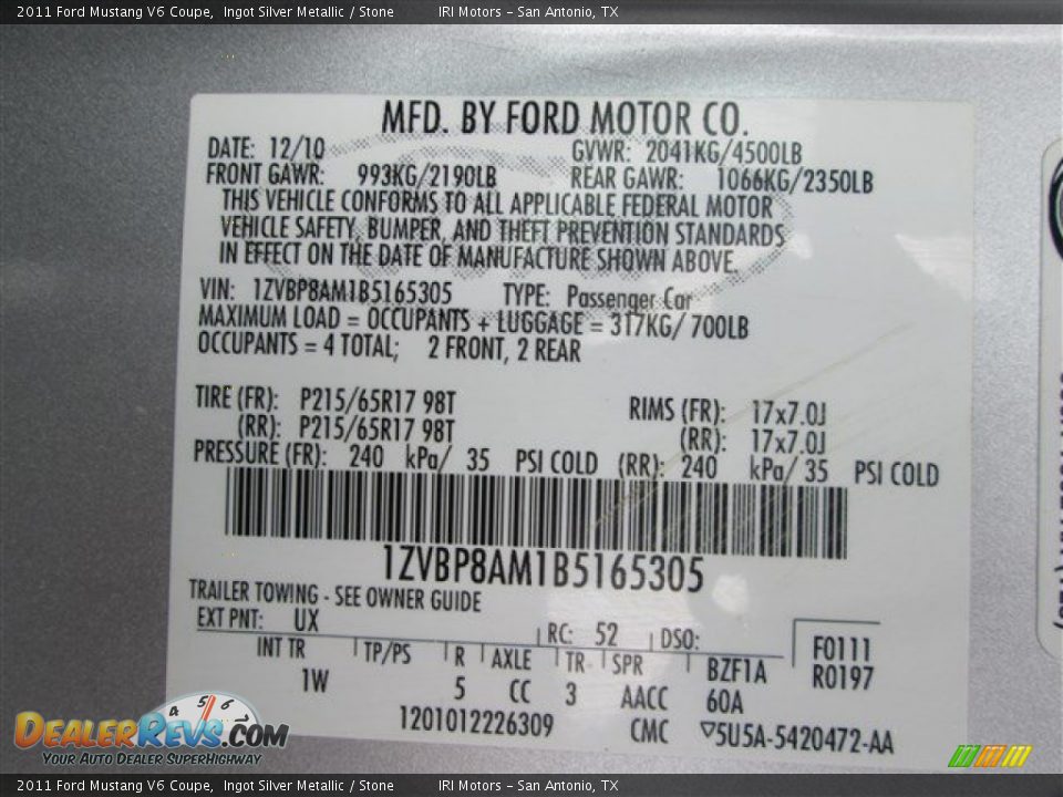 2011 Ford Mustang V6 Coupe Ingot Silver Metallic / Stone Photo #9