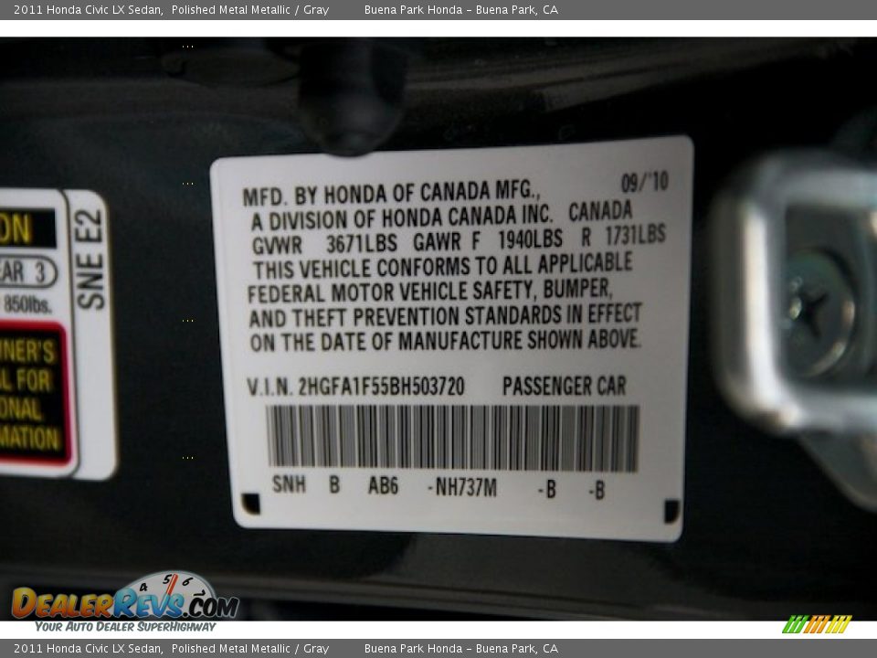 2011 Honda Civic LX Sedan Polished Metal Metallic / Gray Photo #32